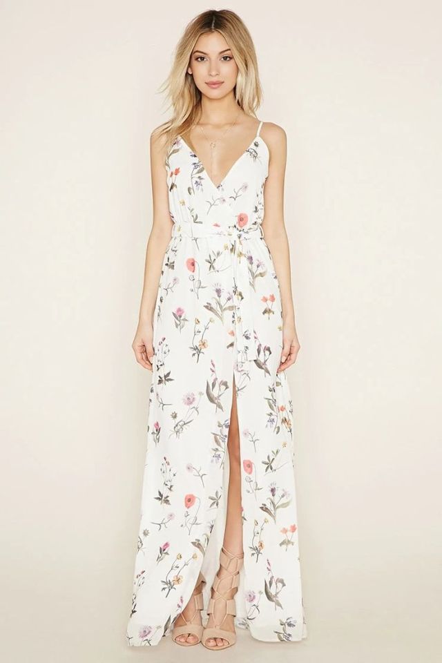 white maxi dress with floral pattern