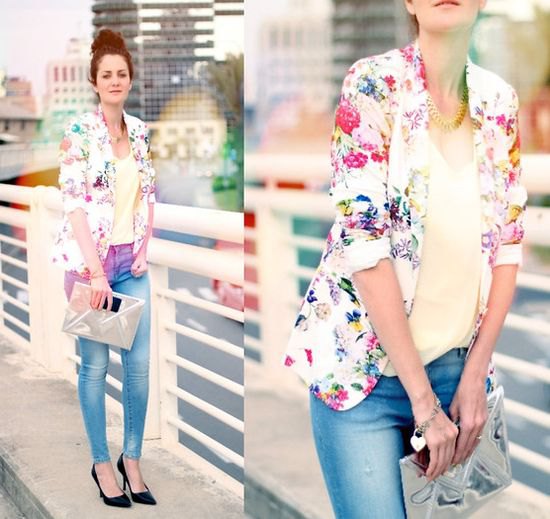 white blazer with floral pattern and light yellow tank top
