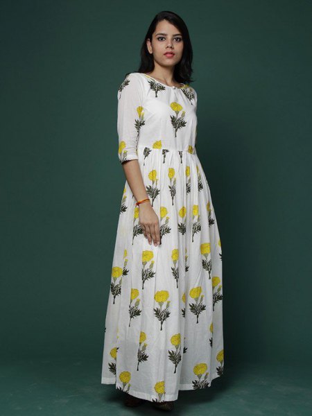 white floral printed maxi cotton dress with half sleeves