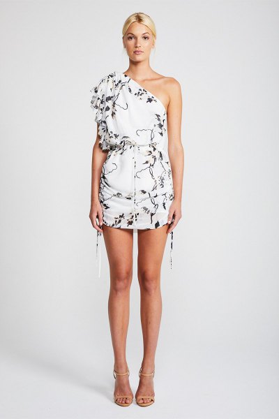 white, floral printed mini dress with one shoulder