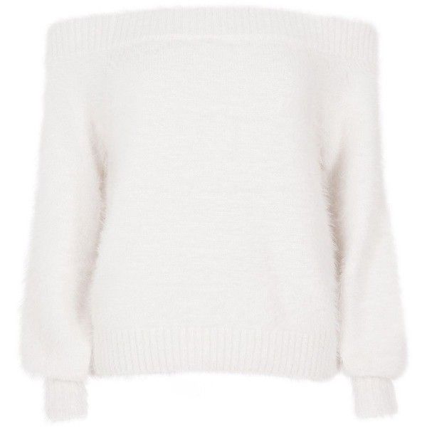 River Island White bardot fluffy knit sweater ($72) ❤ liked on .