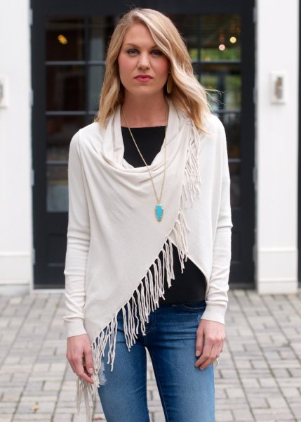 white t-jeans with white fringe wrap
