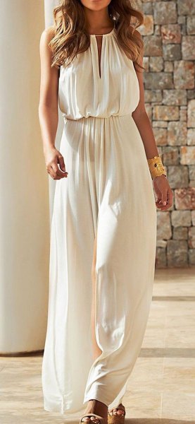 white ruched waist keyhole long summer dress