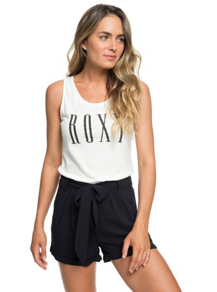 white graphic tank top with scoop neckline and black shorts