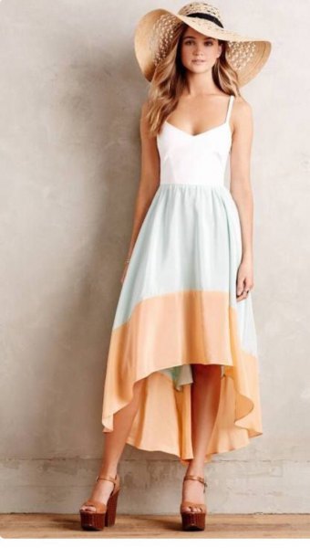 white gray peach colored block dress