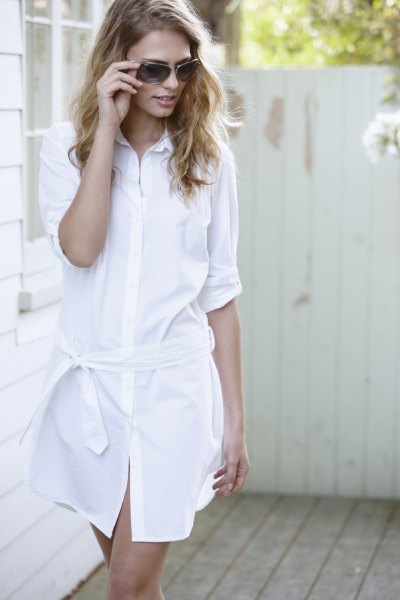 white cotton mini dress with buttons and half sleeves