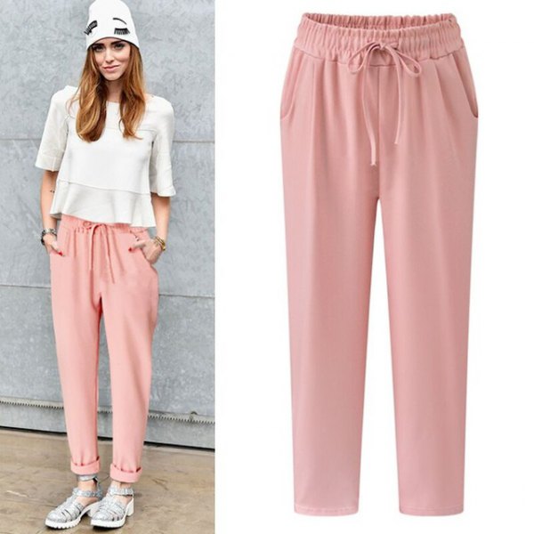 white chiffon top with half sleeves and light pink pants with elastic waist and cuff