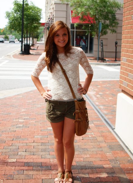 white lace blouse with half sleeves and flowing mini shorts