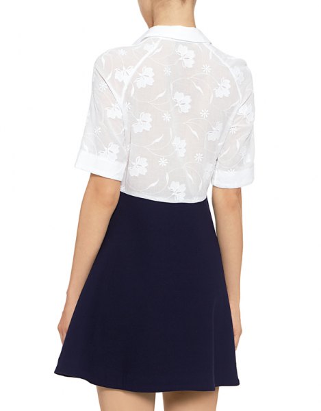 white lace shirt with half sleeves, dark blue skater skirt