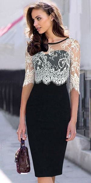 white lace top with half sleeves and a black, figure-hugging midi dress