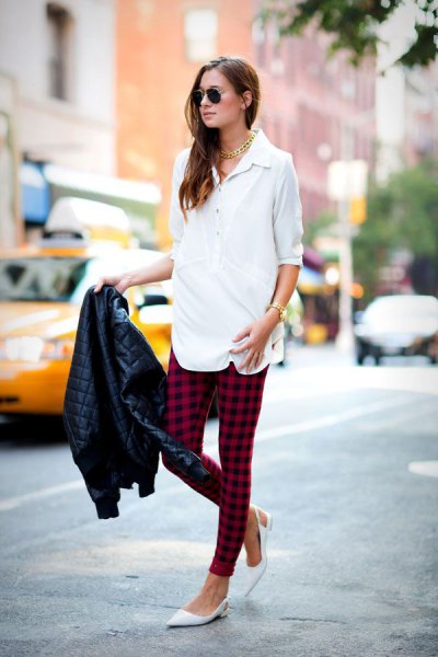 white shirt with half sleeves, black and red plaid legggings