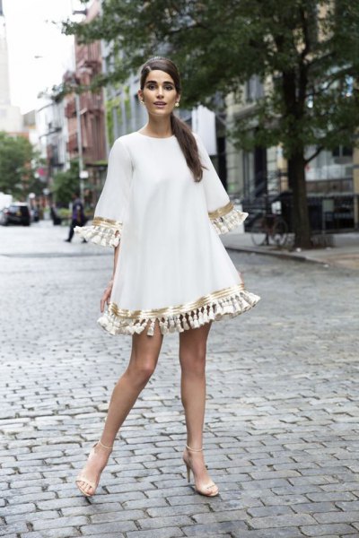 white half-sleeve tassel swing mini dress