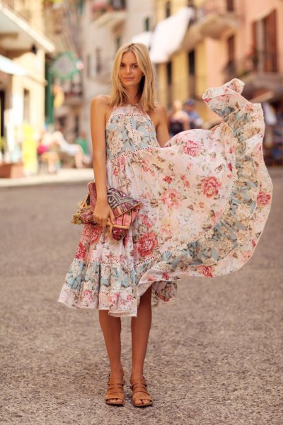 white halter neck fit and flare midi ruffle flowers summer dress