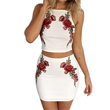 white halterneck dress with floral embroidery and two-piece dress