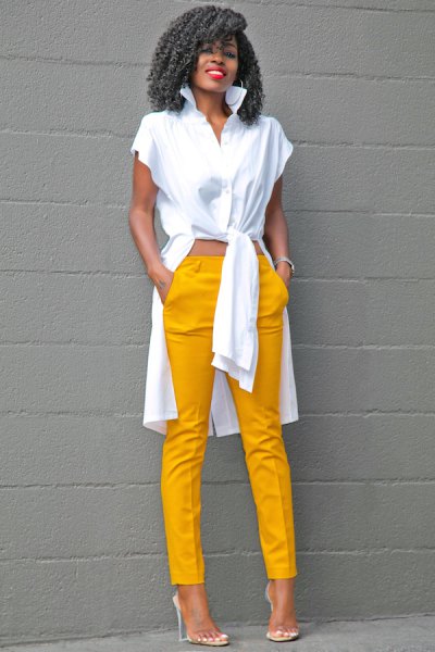 white high low blouse with mustard yellow trousers