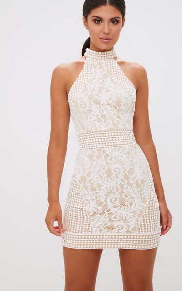 white high neck fit and flare mini lace dress