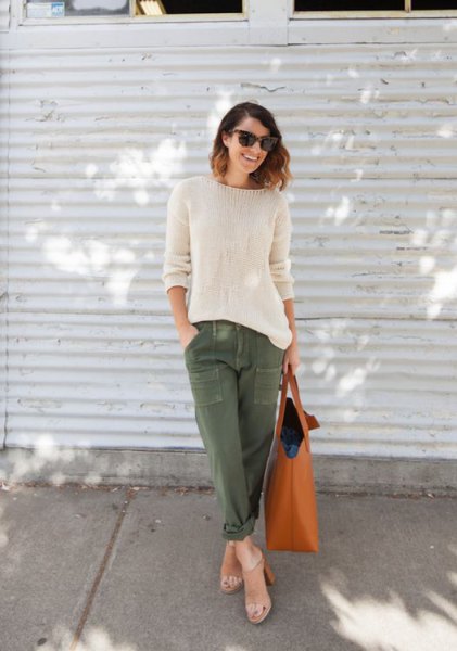 white knitted sweater army pants bare heels