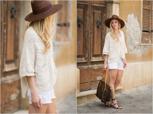 white knitted sweater white jean shorts