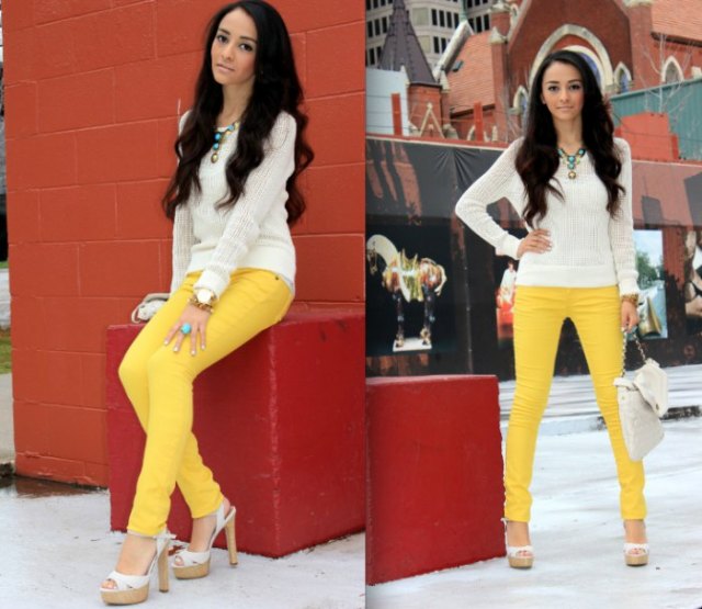white knitted sweater yellow skinny jeans