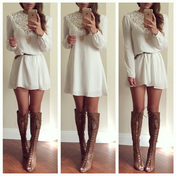 white mini shift dress with lace belt and gray leather boots with open toes
