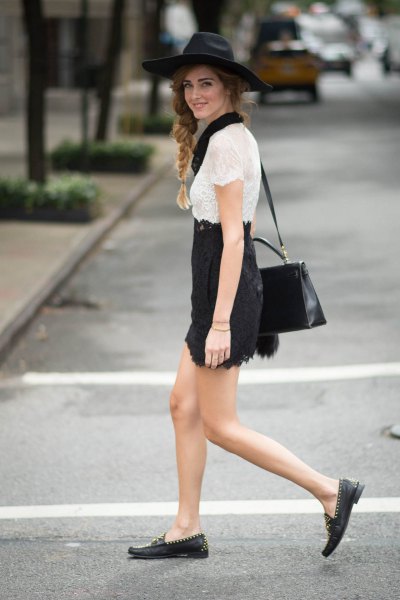 white lace blouse with black mini skirt with high waist