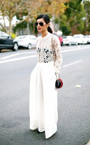 white lace blouse with wide-leg pants