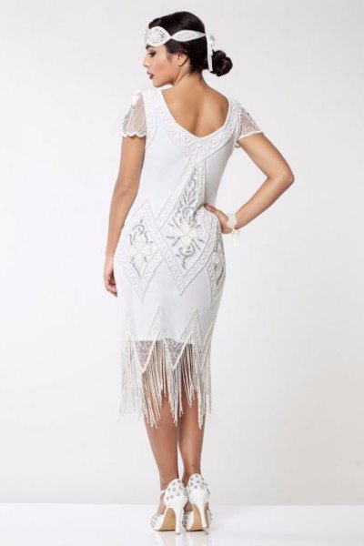 white midi flapper fringe dress with cap sleeves