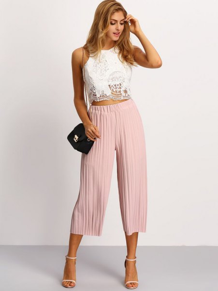 white lace top light pink pleaded culottes