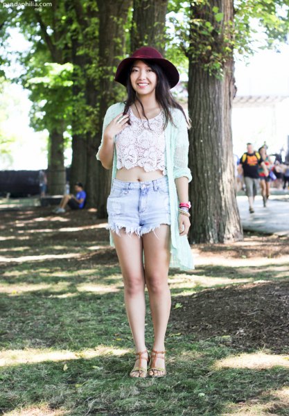 white lace top with long cardigan and black felt hat