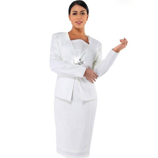 knee-length sheath dress made of white lace with a casual jacket