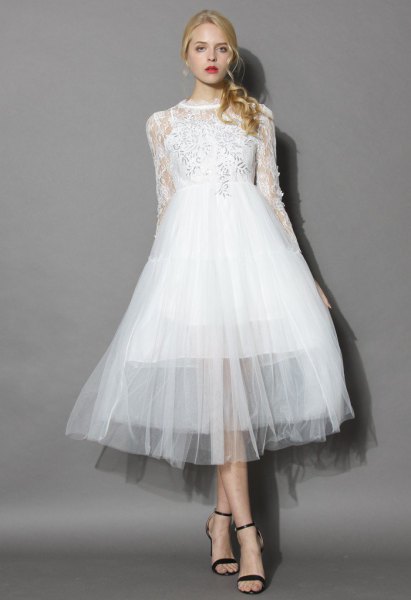 white lace chiffon midi dress