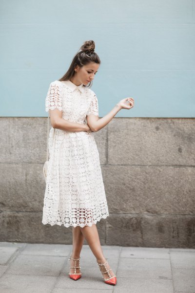 white lace midi dress with pointed sequin toe heels
