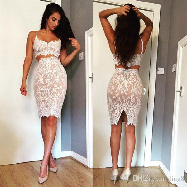 two-piece, figure-hugging midi dress with white lace scoop neckline