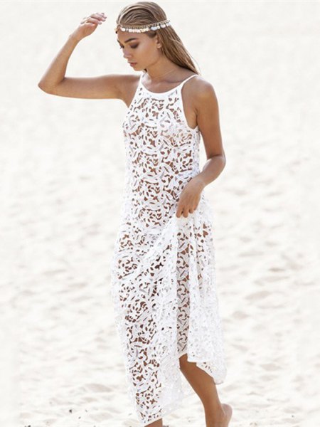 white lace, semi-transparent beach dress