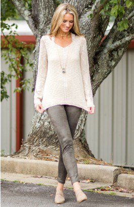 white lace semi-transparent knitted sweater gray suede gaiters