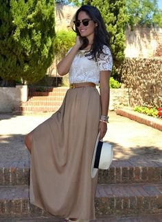 white lace short-sleeved top with green long skirt