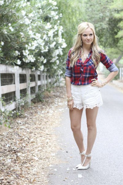 navy white lace shorts and red flannel plaid shirt