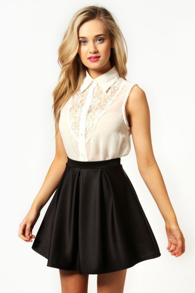 sleeveless shirt made of white lace, black skater skirt made of silk