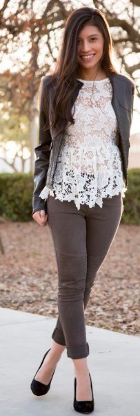 white lace top with gray leather jacket