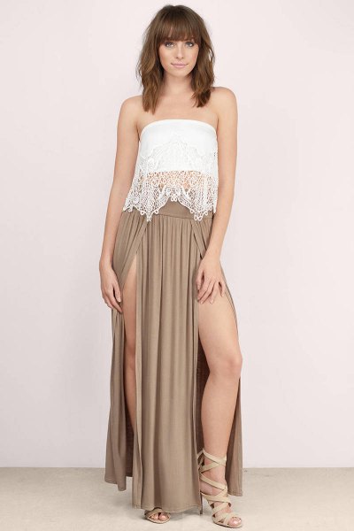 white lace tube top with crepe maxi dress with double slit