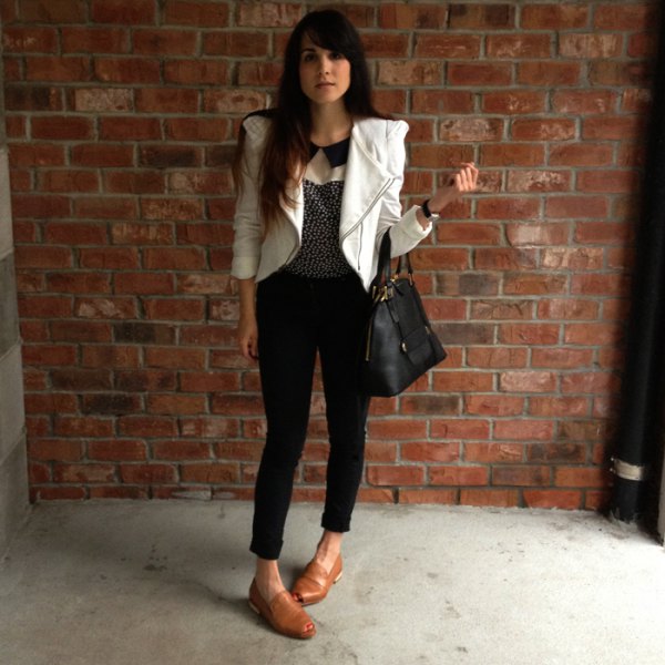 white leather blazer jacket with brown leather loafers