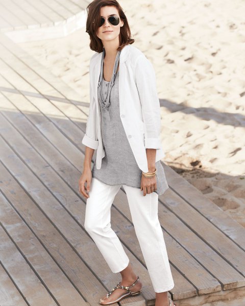 White linen blazer with a gray tunic top made of cotton with a relaxed fit