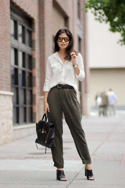 white long-sleeved blouse with gray chinos with straight legs and cuffs