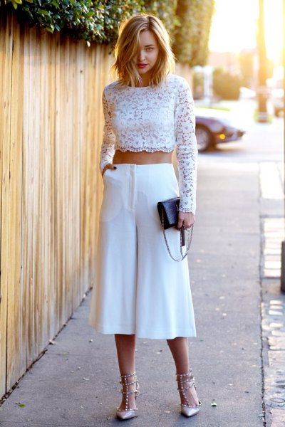 white long sleeved crochet top with wide leg and wide leg