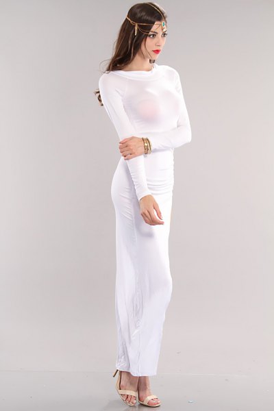 white, long-sleeved, figure-hugging maxi dress