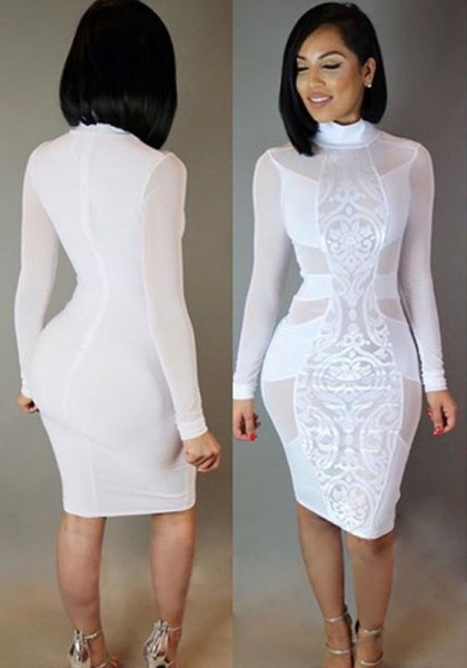 white long-sleeved midi dress with a lace neckline made of lace