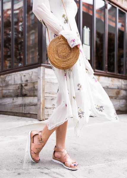 white, long-sleeved midi chiffon fit and flare dress with naked hiking sandals