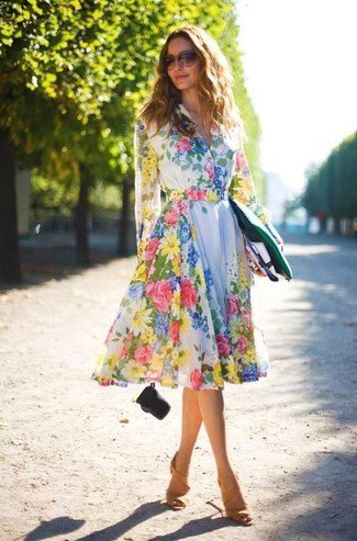 white long-sleeved midi skater dress with floral pattern
