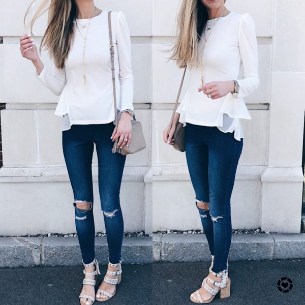 white long sleeve peplum top jeans