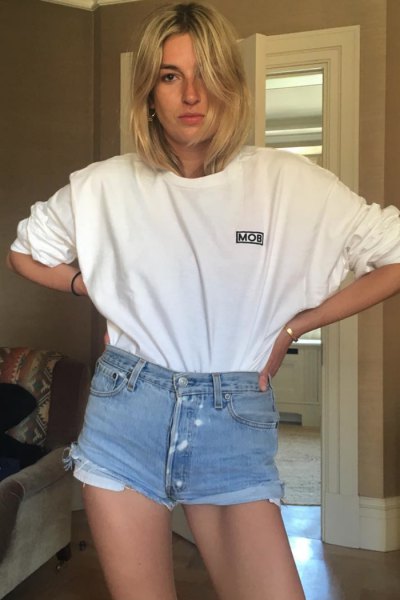 white long-sleeved t-shirt with mini denim shorts for mothers